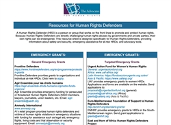 [ai] A document titled 'Resources for Human Rights Defenders' featuring two main sections: 'Emergency Grants' and 'Targeted Emergency Grants.' Each section lists various organizations and websites that offer support to human rights defenders.
